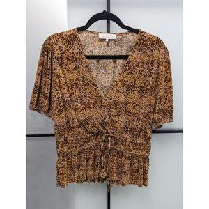WAYF | Leopard Print Wrap V Neck Smock Shirt Stretch Size L